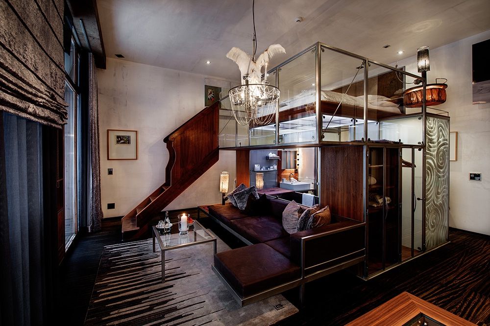One of the Cube Loft rooms of The Backstage Hotel, Zermatt luxury accommodation designed by architect Heinz Julen. 