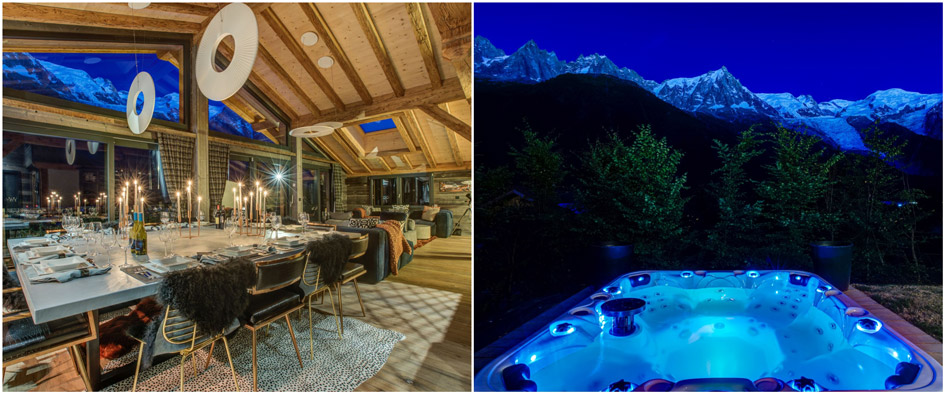 Hot tub and dining room at Chalet Rock and Roll, Chamonix