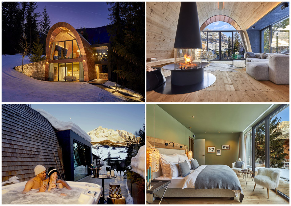 Collage of Mi Chalet in Alta Badia, one of the most romantic ski chalets in Italy.