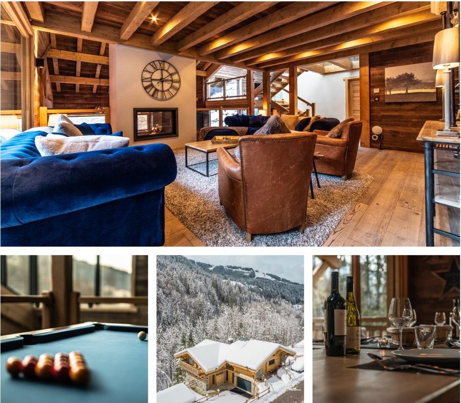 Collage of pictures of Foret d'Argent, a luxury Christmas ski chalet in Morzine.