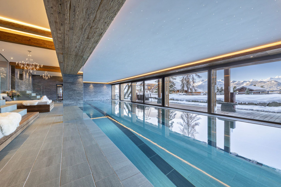 Chalet Marmottiere swimming pool, chalet with swimming pool in Verbier, chalet with pool in Verbier, chalet swimming pools Verbier, largest swimming pool in Verbier