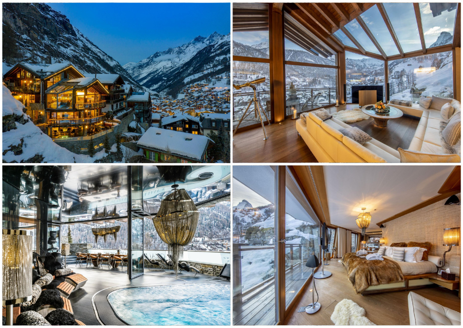 Collage of Chalet Zermatt Peak, one of the best luxury chalets for couples on a romantic ski holiday in Zermatt.