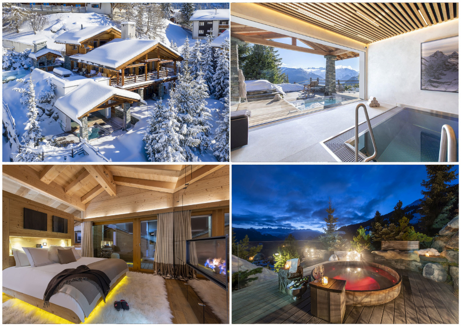 Collage of Chalet Spa, a luxury ski chalet in Verbier that offers one of the best romantic retreats for couples.
