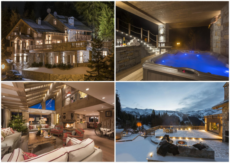 Collage of 4 pictures of Chalet Valentine, a romantic chalet in the Alps.