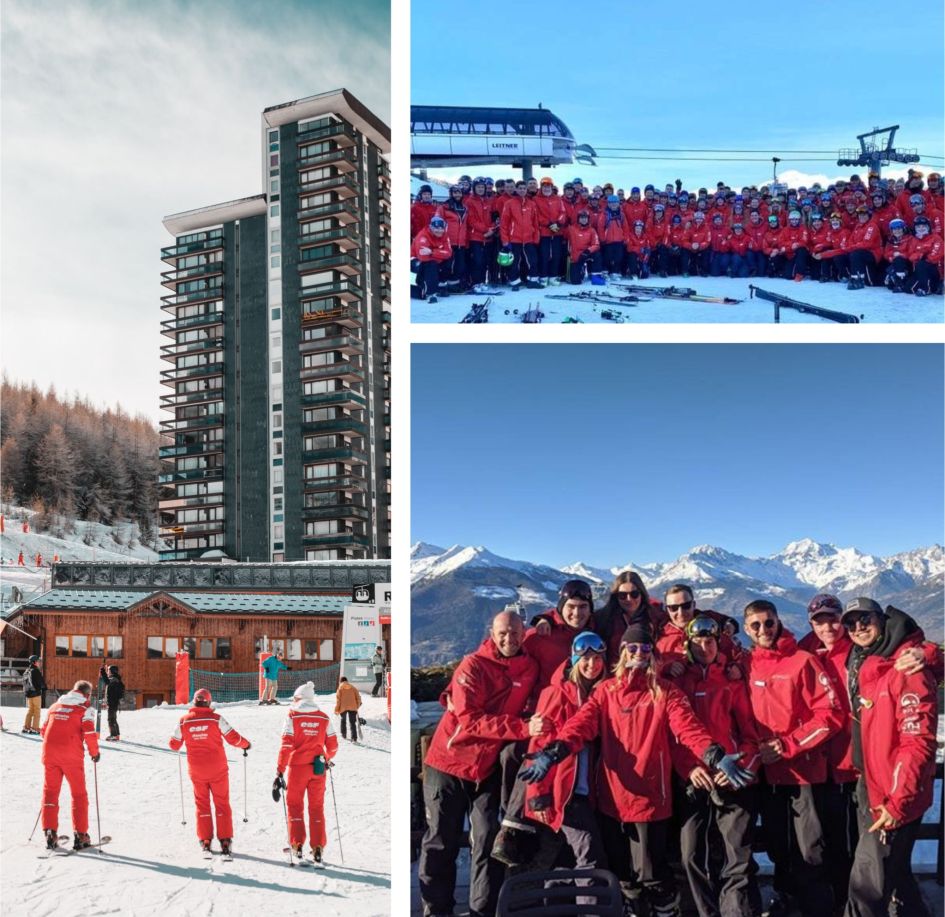 Groups of ESF (left) and Interski (Top & Bottom Right) Ski Instructors. Left Photo by Yann Allegre Getting lessons from friendly ski instructors like these can help in overcoming your ski nerves.