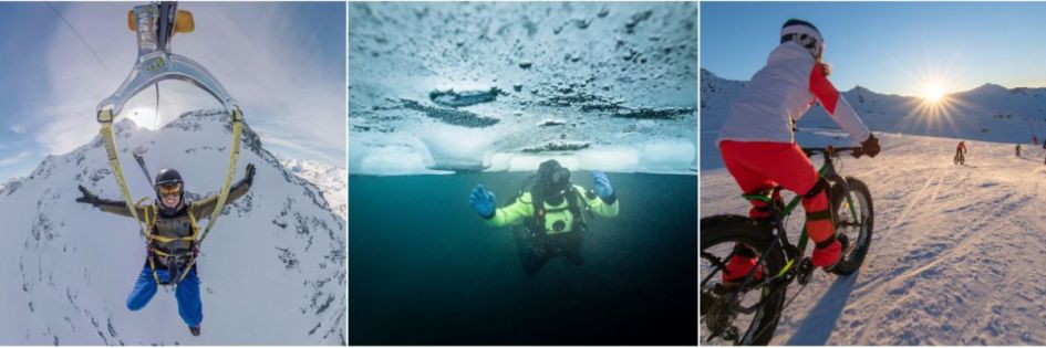 Left: Val Thorens Zip Line | Middle: Ice Diving | Right: Fat Biking in Val Thorens. Credit: Val Thorens Tourist Office