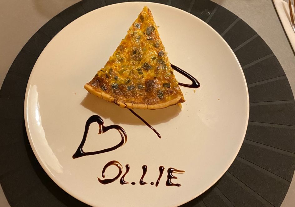 A quiche starter served with a personal touch. Starters on a contactless catered ski holiday are extremely generous.
