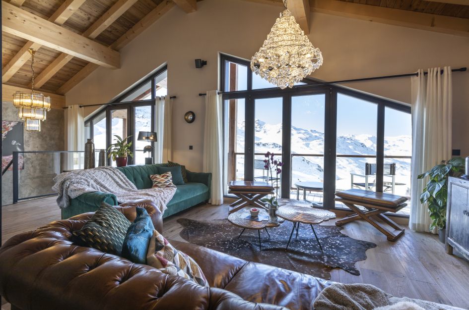 The living room of Chalet Orlov, one of three luxury chalets that benefit from the use of five-star hotel facilities in Val Thorens, the highest of our list of spring ski resorts.