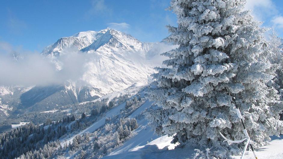 Saint Gervais ski resort with a view of Mont Blanc