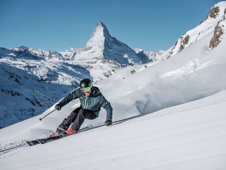 Skiing in Zermatt. Credits: Pascal Gertschen Skiing with the Matterhorn in the background in Zermatt, one of our top spring ski resorts.