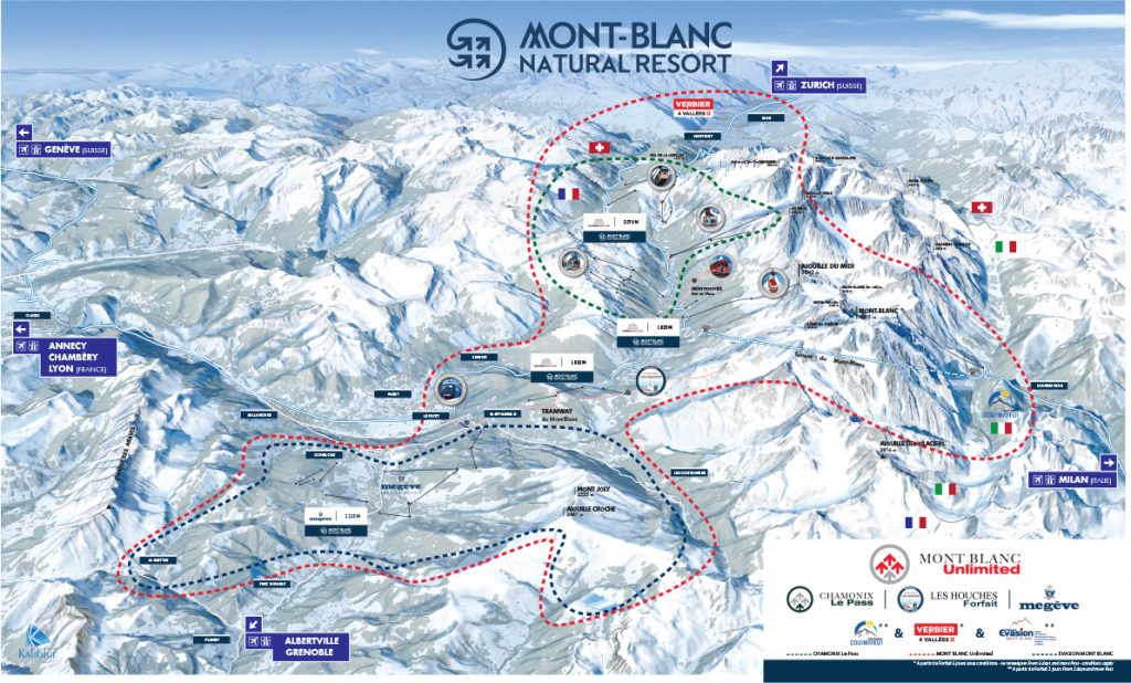 Mont Blanc Unlimited Pass Map. Credit: Chamonet Mont Blanc Natural Resort Map, Map for Mont Blanc Unlimited Pass on your ski holiday in Chamonix