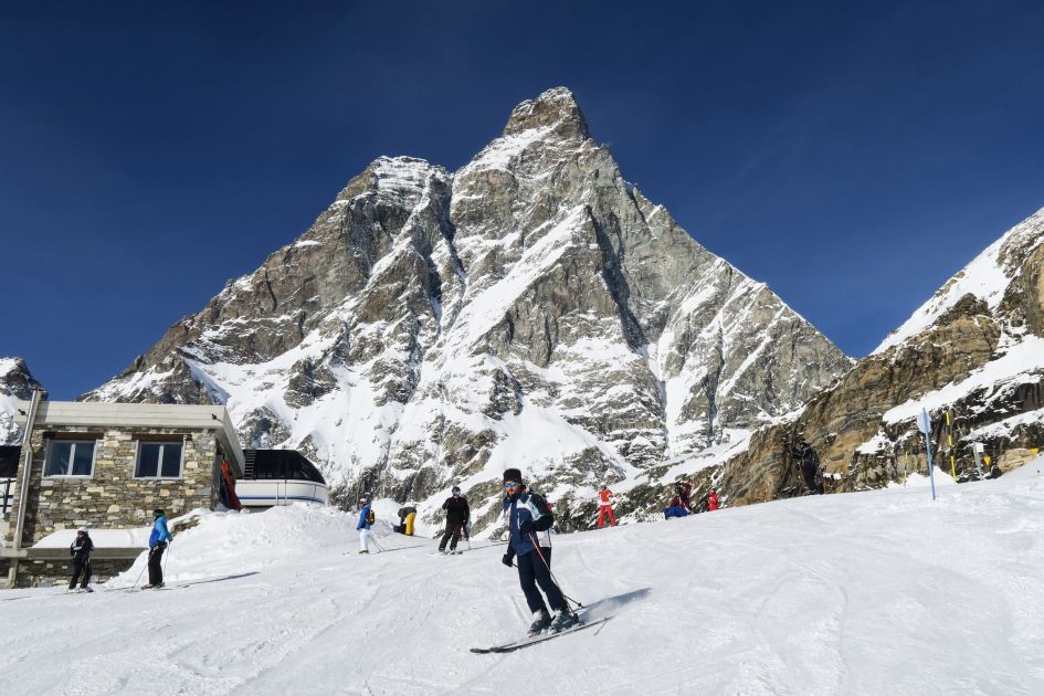 Cervinia. Copyright: Regione Autonoma Valle d'Aosta. Early season skiing in Cervinia, with Monte Cervino (aka the Matterhorn) in the background.