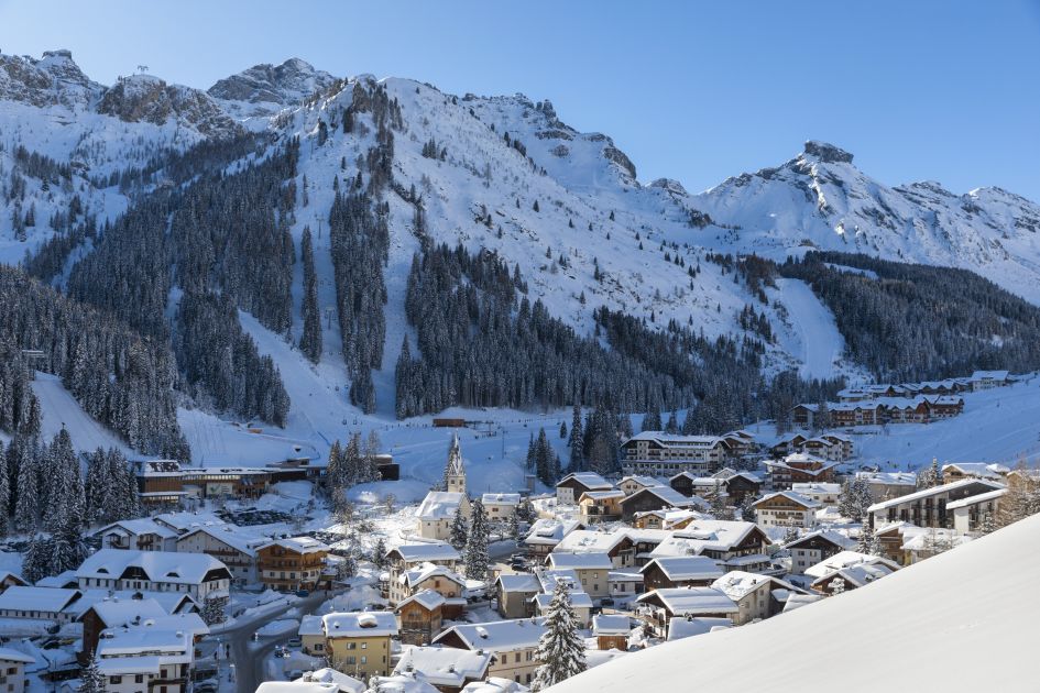 One of the best ski resorts in the Dolomites, this image gives an elevated view over the village of Arabba.