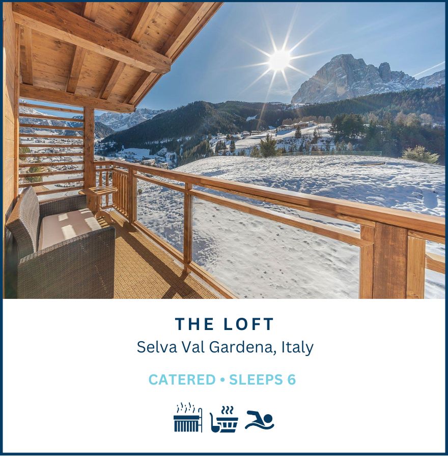Luxury catered chalet in Selva Val Gardena ski resort. The Loft has exceptional wellness and sleeps up to 6 guests.