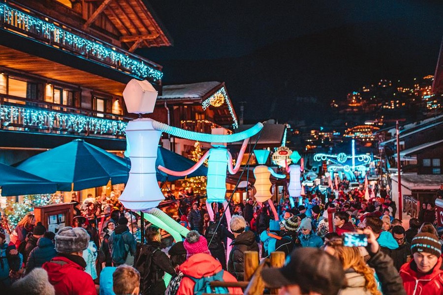 Image showing the light show and parade in the luxury ski resort Morzine at Christmas.