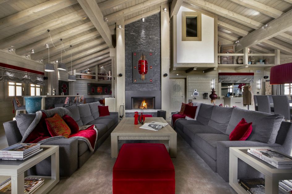 The living area of Chalet Muztagh, one of 6 catered ski in ski out chalets in Courchevel as part of the Hotel Le K2 Palace.