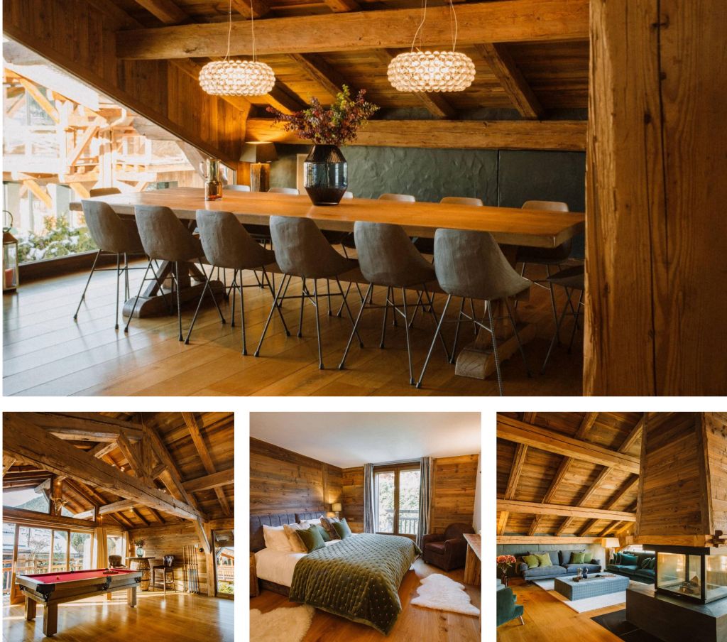 A collage of the stylish dining room, living room, a bedroom, and billiard room of Chalet Chardon.