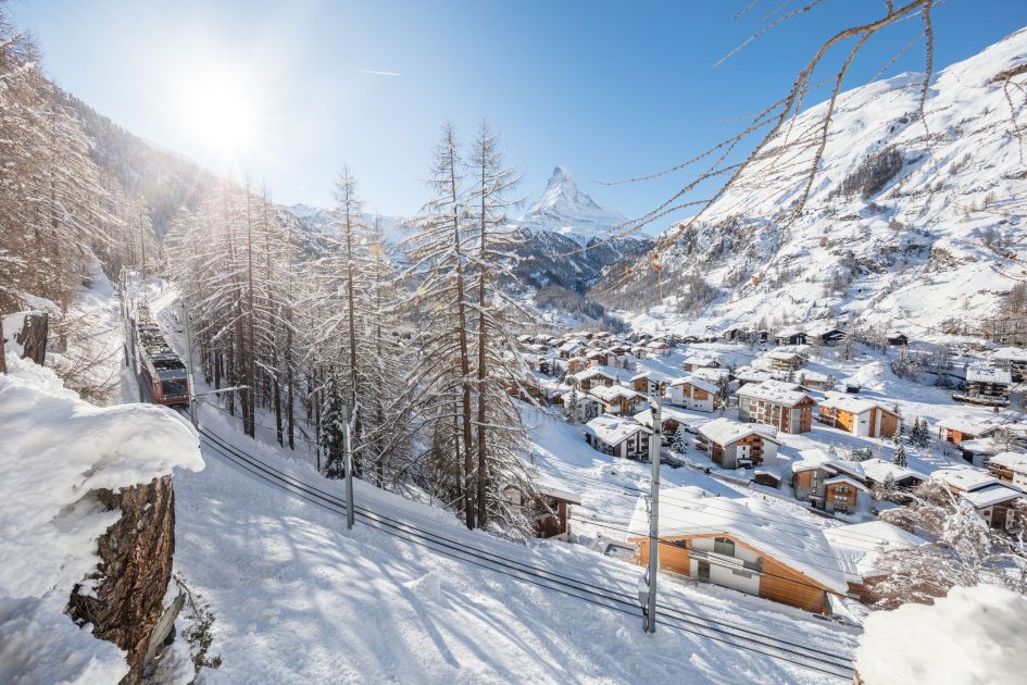 Snow covered Zermatt village with the Matterhorn in background