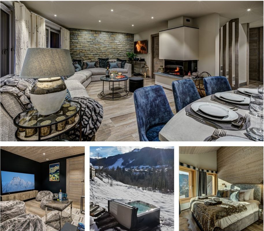 Collage of Chalet d'Espoir, a luxury ski chalet in Morzine. Featuring the stylish living room, hot tub with an alpine view, a bedroom, and a tv snug room.