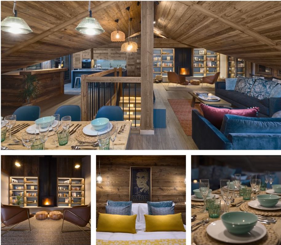 A collage image of one of the best luxury ski chalets in the Portes du Soleil: Chalet Vesper. Featuting the living room, bed, dining table, and a fireplace snug.