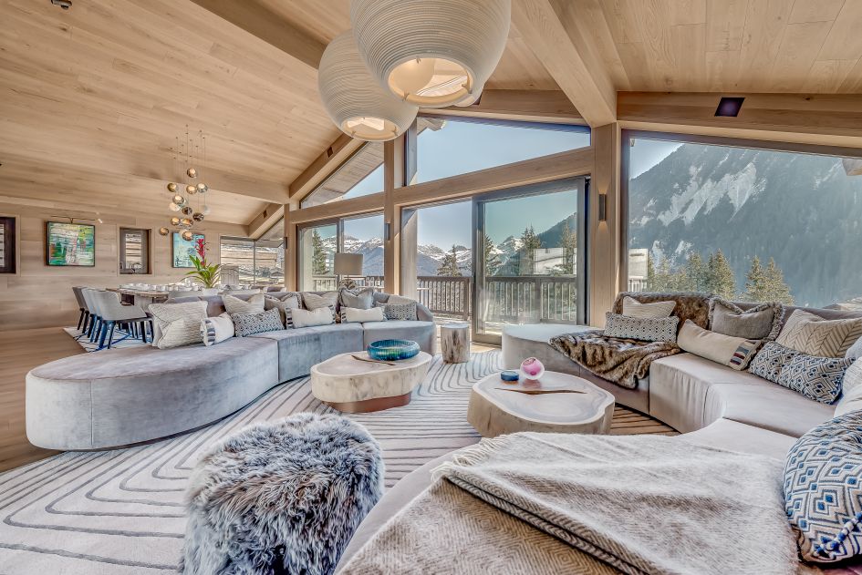 The lounge at Chalet Bacchus in Courchevel Moriond, a luxury catered ski in ski out chalet with swimming pool.