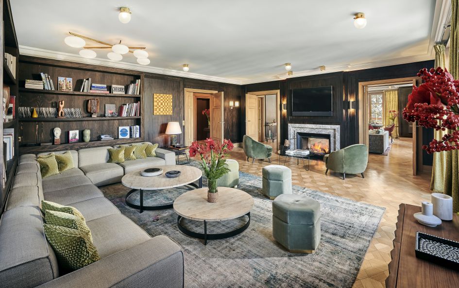 The elegant lounge area of Chalet Alpensia, an eco-friendly ski in ski out chalet in Courchevel 1850.