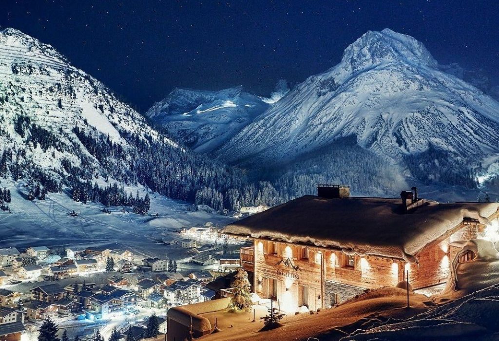 Mountain view and exterior of Chalet 1551, a luxury catered ski chalet in Austria.