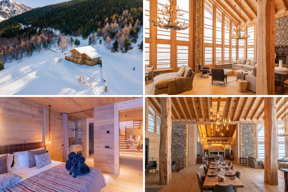 Images of the exterior, lounge, dining and a bedroom of the luxury ski in ski out chalet in Soldeu, Hermitage Mountain Lodge.