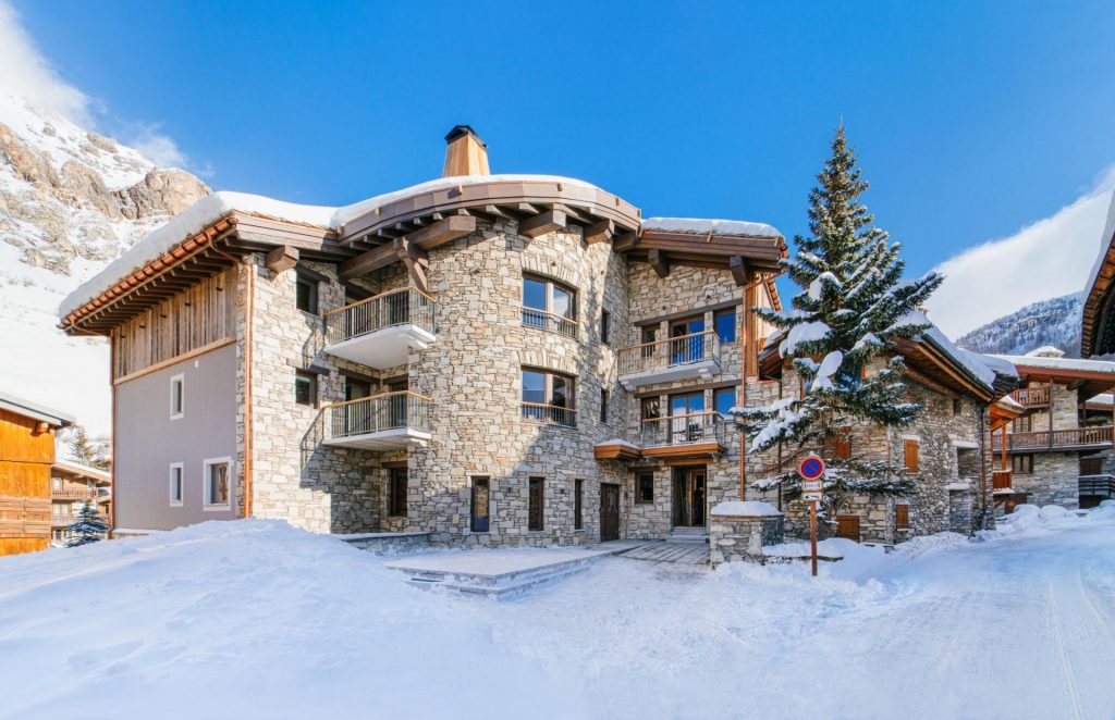 Exterior of Aspen House, a luxury ski residence with 8 private apartments in Val d'Isere. 