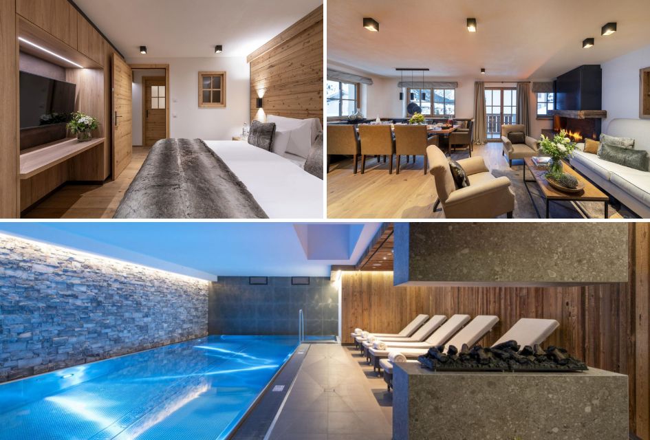 Brunnenhof 4 in Lech. Top left: Master bedroom at Brunnenhof 4. Top right: Open plan living and dining space with fireplace. Bottom: Shared wellness facilities including swimming pool & relaxation area.