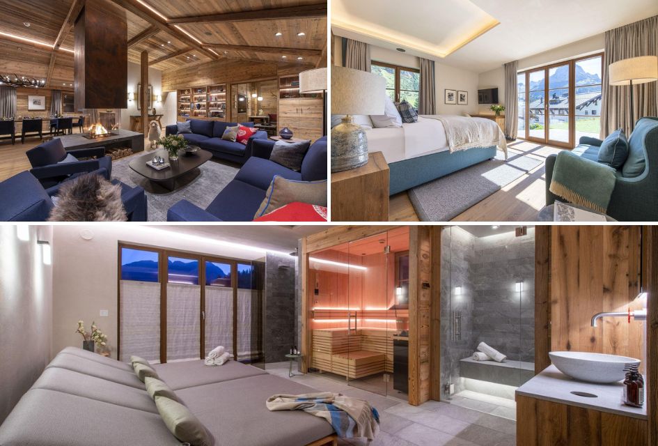Chalech S, Lech. Top left: Stylish living room at Chalech S. Top right: Bedroom with panoramic views of Lech. Bottom: Wellness facilities with sauna and steam room.