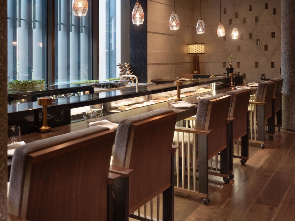 Seating area in The Japanese in The Chedi Andermatt, a hotel with Michelin Star restaurant in Switzerland.