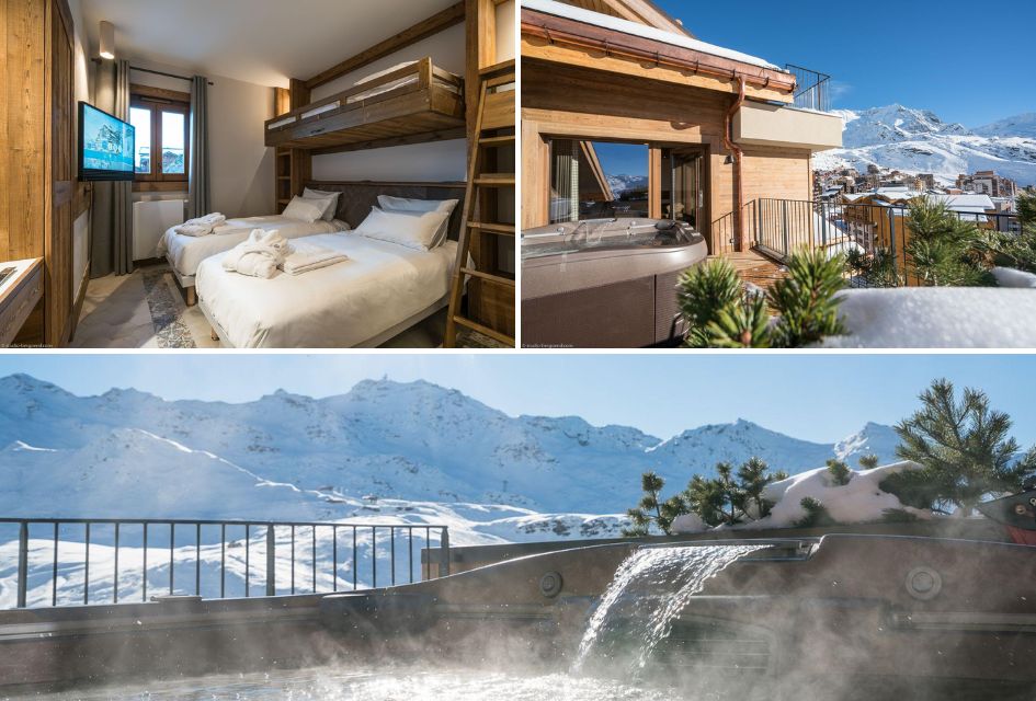 Cocoon 10 images. Top left: Family bedroom. Top right: Outdoor hot tub at Cocoon 10. Bottom: Panoramic mountain views from the hot tub.