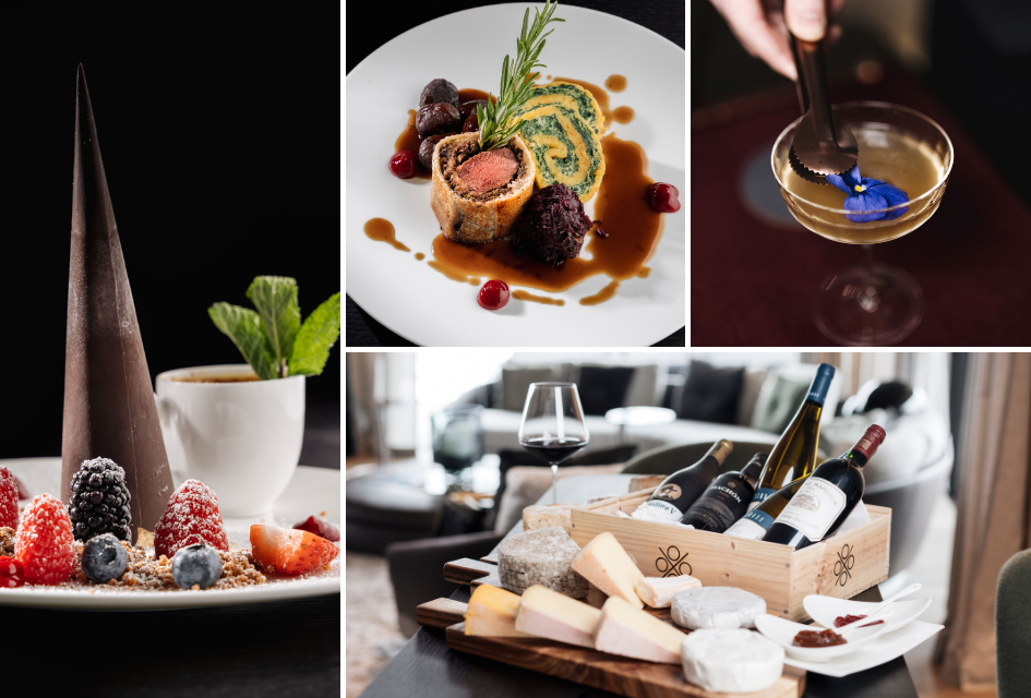 Collage of dishes available at Le Chalet, Lech. Including dessert, a wellington-style dish, a cocktail, and a cheese and wine hamper.
