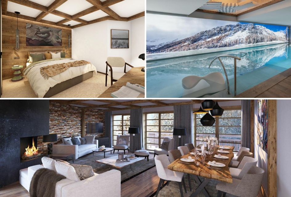 Collage of Mascara Penthouse Mistero. Top left: Stylish master bedroom. Top right: Shared swimming pool at the Mascara Residence. Bottom: Open plan living and dining room at Mascara Penthouse Mistero (CGI).