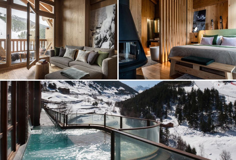 Collage of images of La Prada Penthouse. Top left: living room & balcony. Top right: Bedroom with log burner. Bottom: Shared wellness facilities - outdoor hot tub.