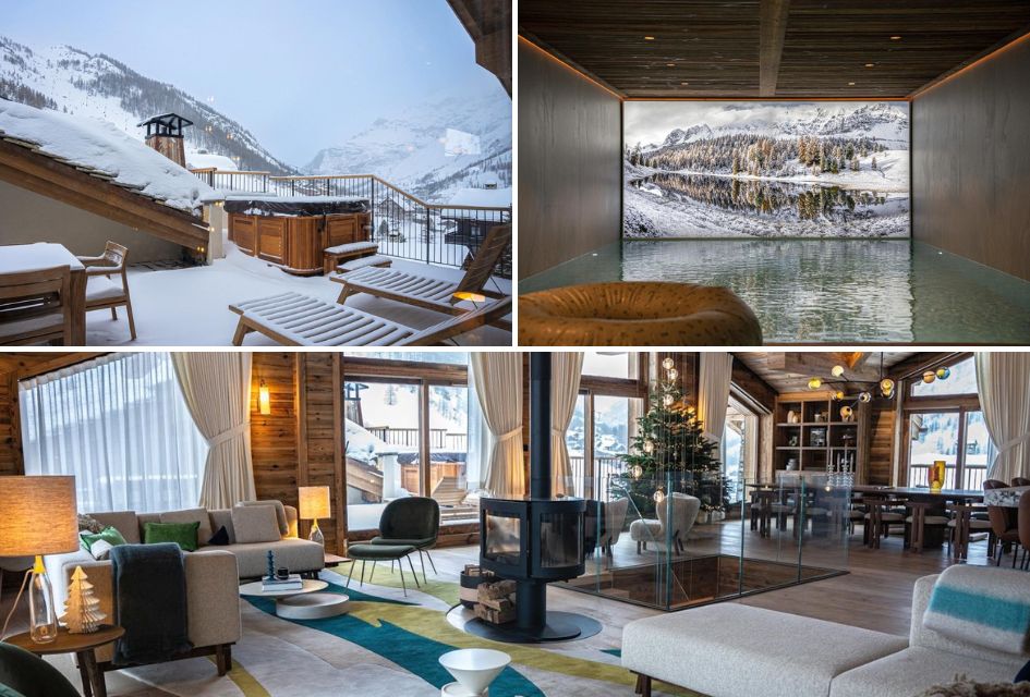 Collage of the luxury wellness facilities, outdoor hot tub and view, and the stylish living room of Silverstone Lodge 7, a luxury ski apartment in France.