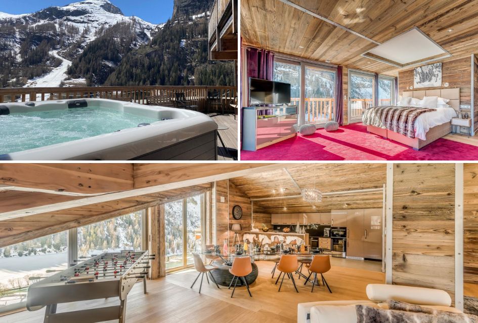 Collage of Chalet Tango Charlie, including the living area, master bedroom, and balcony hot tub with mountain views.