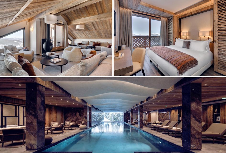 Antarès Mira Penthouse in Meribel. Top left: Stylish living space with picture windows. Top right: Bedroom with balcony access and panoramic views. Bottom: Huge shared wellness area with swimming pool at Antares Residence, Meribel.