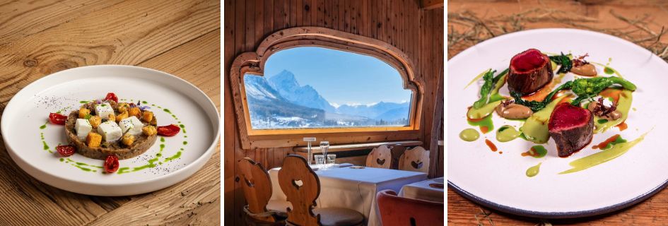 Montage of food and restaurant views from restaurants in Cortina