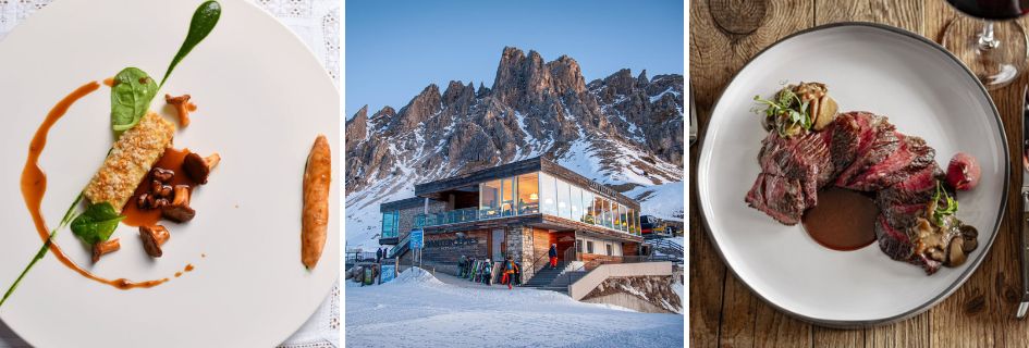 Montage of food and restaurants from Selva val Gardena