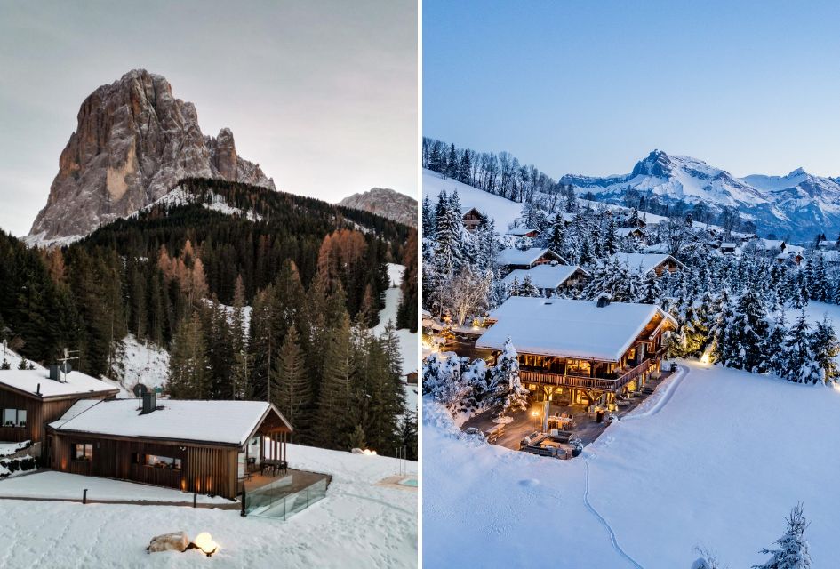 Chalet Ski (left) and Ultima Megeve (right) Chalet Ski, Selva Val Gardena (left), and Ultima Megeve, Megeve (right), comparing the Dolomites vs Alps, with beautiful mountains behind each.