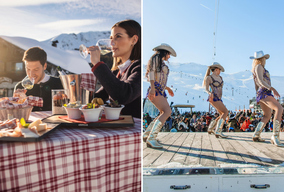 Right: La Folie Douce, Val d'Isere - Credit: La Folie Douce Val d'Isere via Facebook. Left: Wine and snacks in Italy - Credit: Molineris Daniele via ApT Campiglio Dolomiti Apres-ski compariosn of the Dolomites vs French Alps. Left: a woman and a man drinking white wine with a tray of snacks. Right: dancers on stage at La Folie Douce bar in Val d'Isère.