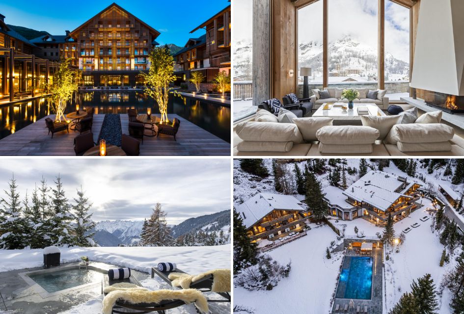 Top left: The Chedi Andermatt. Top right: Etoile du Nord West Wing, Val d'Isere. Bottom left: Chalet Teredo, Verbier. Bottom right: Ultima Crans Montana. Collage of mountain properties in ski resorts offered by the Epic Passes and Ski In luxury. Top left: The Chedi Andermatt hotel exterior. Top right: Living room views at Etoile du Nord West Wing, Val d'Isere. Bottom left: Chalet Teredo's hot tub and views in Verbier. Bottom right: Ultima Crans Montana exterior from above.