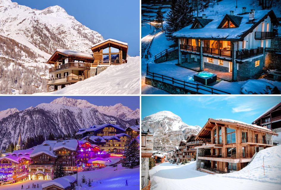 Top left: Chalet Grace, Zermatt. Top right: Chalet Snowstorm, Cervinia. Bottom left: Courchevel 1850. Bottom right: Chalet La Tene, Val d'Isere Collage of mountain properties in ski resorts offered by the Ikon Passes and Ski In luxury. Top left: Chalet Grace, Zermatt. Top right: Chalet Snowstorm, Cervinia. Bottom left: Courchevel 1850. Bottom right: Chalet La Tene, Val d'Isere