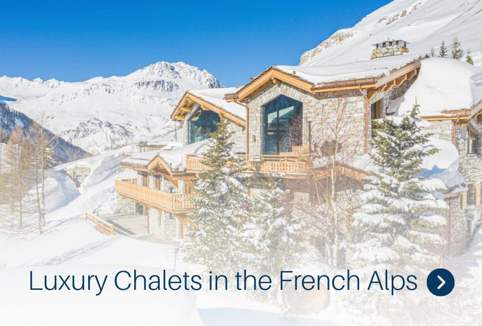 Luxury Chalets in the French Alps Chalet Les Ours, with "Luxury Chalets in the French Alps" written and an arrow next to it, to showcase the Dolomites vs Alps chalets.