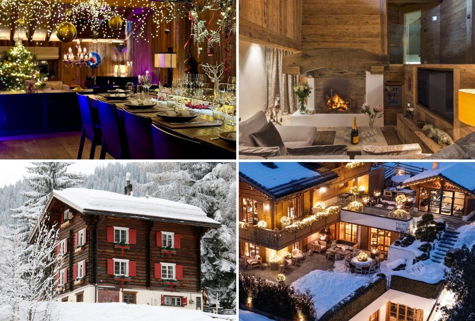 Chalet Les Anges (top left), Chalet Makini (top right), Chalet Bear (bottom left), and Chalet Colombe (bottom right Chalet Les Anges (top left), Chalet Makini (top right), Chalet Bear (bottom left), and Chalet Colombe (bottom right). A collage of some of the top chalets for Christmas in the Swiss Alps.