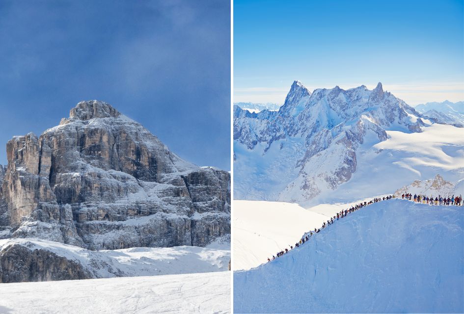 Left: Alta Badia's mountains in the Dolomites. Right: Chamonix Mountains with people climbing.