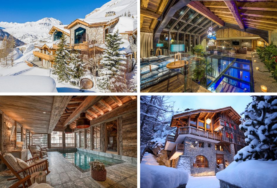 Top left clockwise: Chalet Orso, Chalet Husky, Chalet Le Rocher, Chalet Markhor Collage of 4 luxury chalets in Val d'Isère. From top left clockwise: Chalet Orso, Chalet Husky, Chalet Le Rocher, Chalet Markhor.