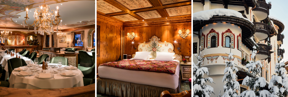 A trio of images showcasing the glamorous La Table des Airelles, a bedroom in a Prestige Junior Suite, and details of the painted exteriors of one of the best luxury ski hotels in Europe, Hotel Les Airelles Courchevel. 